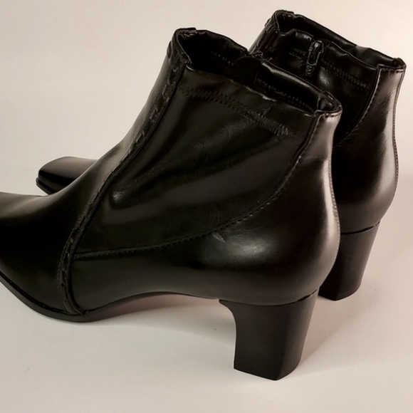 Franco Sarto Black Leather Square Toed Heeled Ankle Boots - Picture 6 of 16